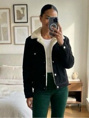 Topshop Green Corduroy Sherpa Trucker Jacket Medium Cream Faux Shearling